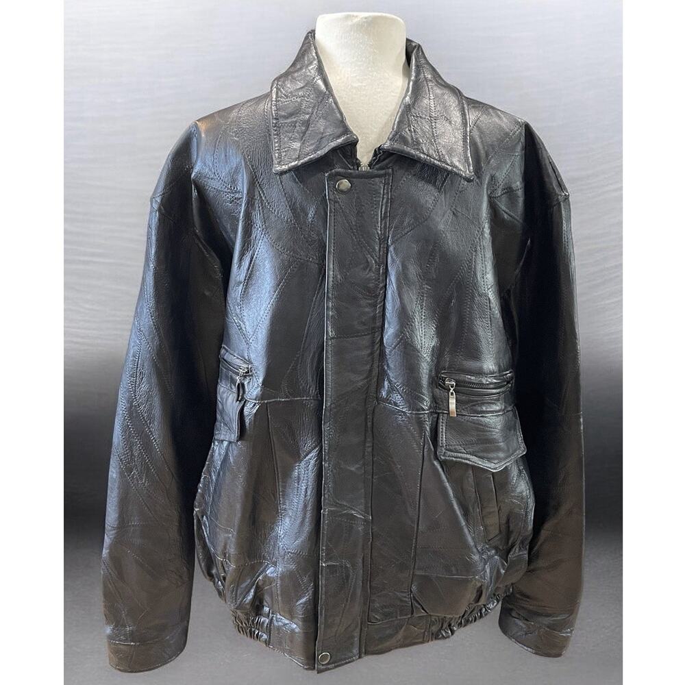 Leather Works Black Patchwork Leather Jacket Point Collar Men's Sz-XL (Tag 3XL)